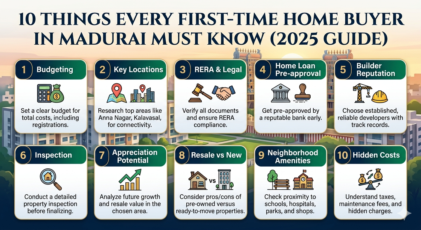 First time home buyer guide in Madurai 2025 covering budget, location, legal checks and property investment tips